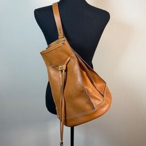 HOBO Leather Sling Backpack Brown Drawstring Bucket Bag Adjustable Crossbody